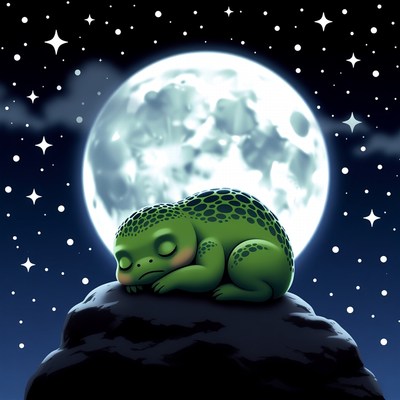 Sleeping green frog on rock under moon