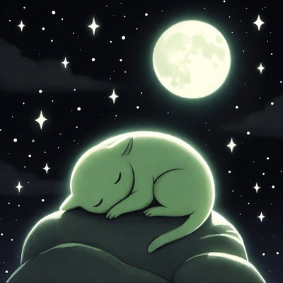 Sleeping cat on rock under moon