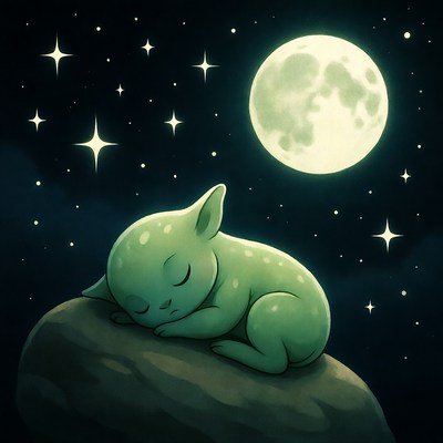 Sleeping green creature on moonlit rock