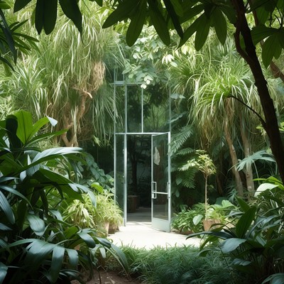 Glass Door in Lush Tropical Garden
