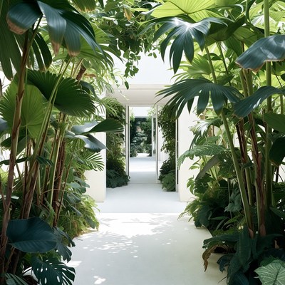 Lush Tropical Plants Framing White Corridor