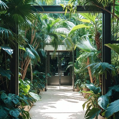 Tropical Plants Framing Glass Entrance