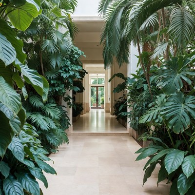 Lush Tropical Plants Framing Indoor Walkway