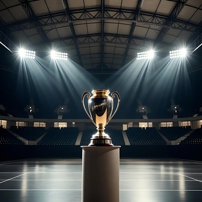 Golden Trophy on Pedestal in Spotlighted Arena