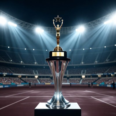 Golden Tennis Trophy on Stadium Court