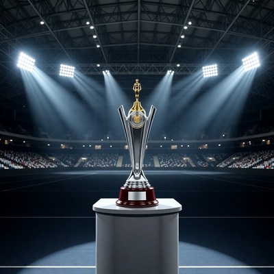 Shiny Tennis Trophy on Stadium Podium
