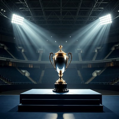 Golden Trophy on Podium in Arena