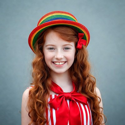 Girl with red hair wearing rainbow hat