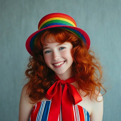 Girl with red hair and rainbow hat