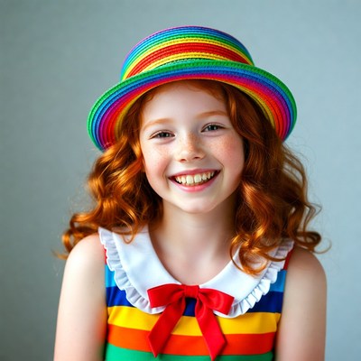 Girl with red hair wearing rainbow hat
