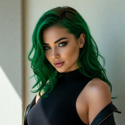Woman with green hair in black top