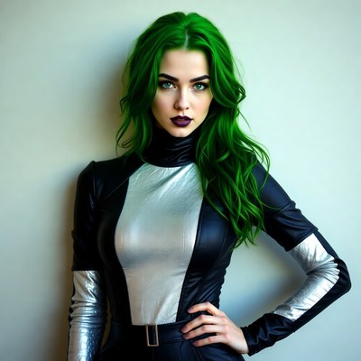 Woman with green hair in black silver suit