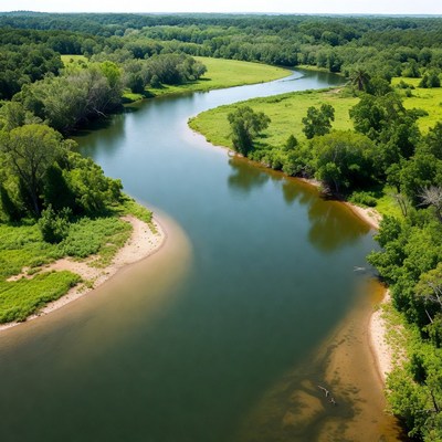 Aerial view of winding river in forest