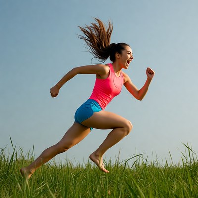 Woman running barefoot in grass