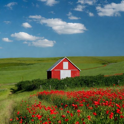 Red Barn in Poppy Field