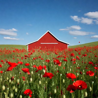 Red Barn in Poppy Field
