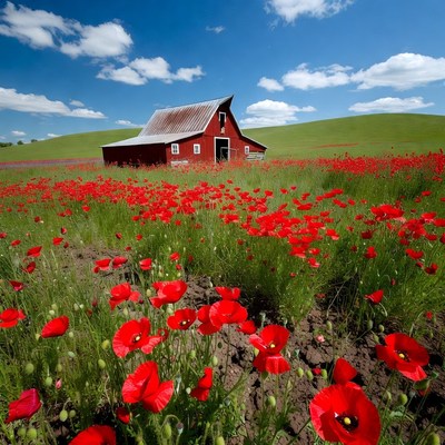 Red Barn in Poppy Field