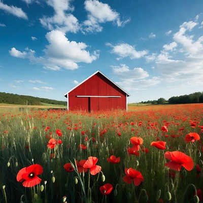 Red Barn in Poppy Field
