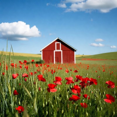 Red Barn in Poppy Field