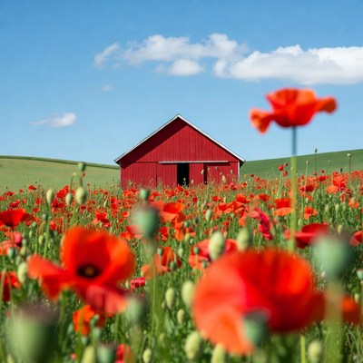 Red Barn in Poppy Field