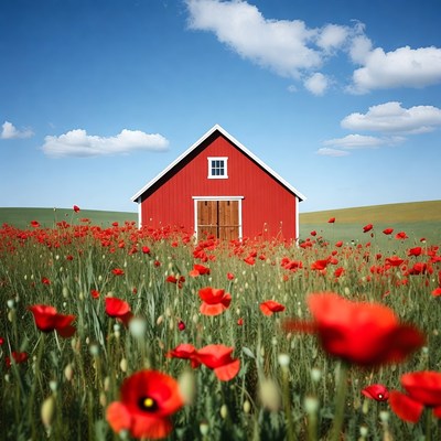 Red Barn in Poppy Field