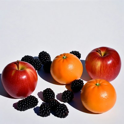 Red Apples Oranges Blackberries on White