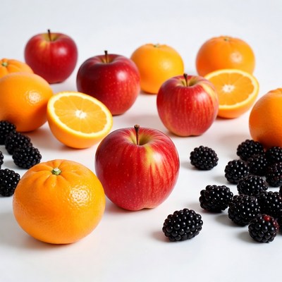 Red Apples Oranges Blackberries on White