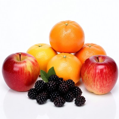 Apples, Oranges, Blackberries on White