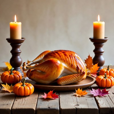 Roasted Turkey with Candles and Pumpkins