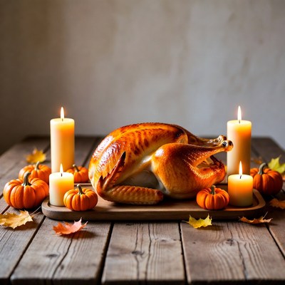 Roasted Turkey with Candles and Pumpkins