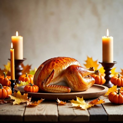 Roasted Turkey with Candles and Pumpkins