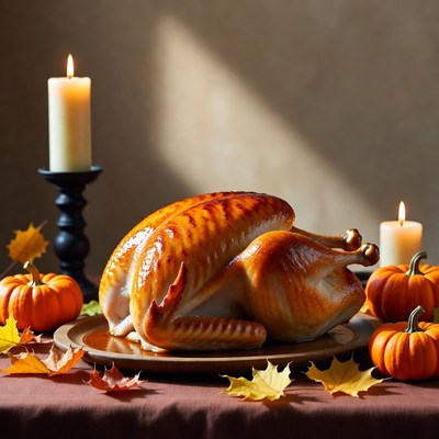 Roast Turkey with Candles and Pumpkins