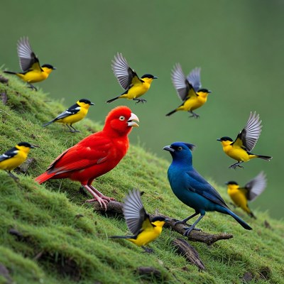 Red, Blue, Yellow Birds on Green Hill