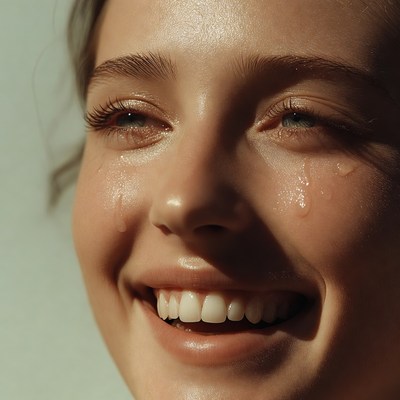 Woman smiling with tears on face