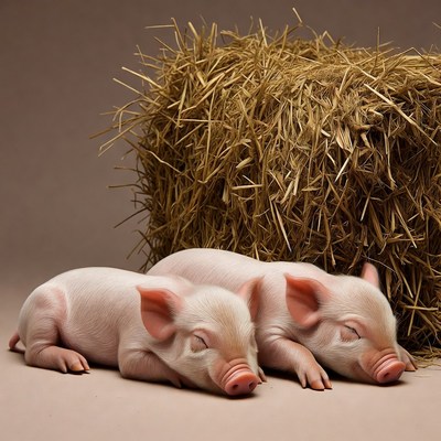 Two sleeping piglets by hay