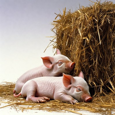 Two piglets sleeping on hay