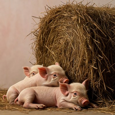 Three piglets beside hay bale