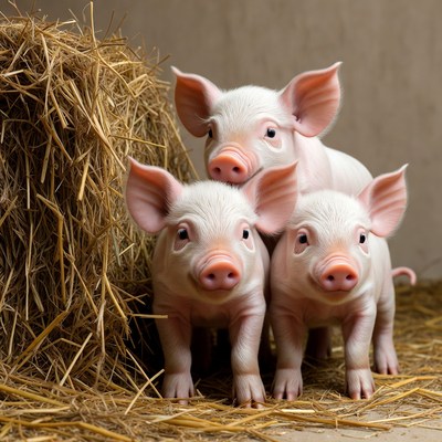 Three piglets on hay