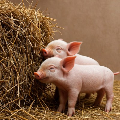 Two piglets nuzzling hay stack