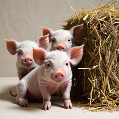 Three piglets beside hay bale