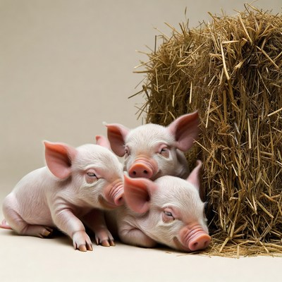 Three piglets sleeping on hay