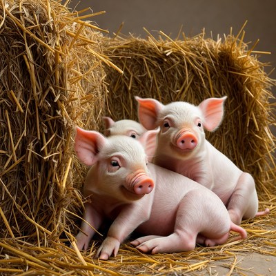 Cute piglets in hay stack