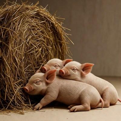 Three piglets sleeping on hay