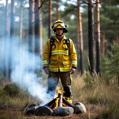 Firefighter standing by campfire in forest