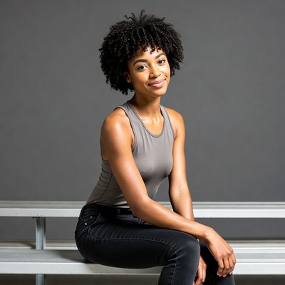 African-American woman smiling on bleachers