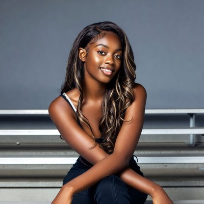 African-American woman sitting on bleachers