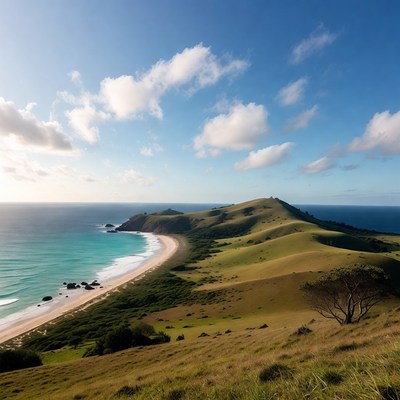 Green Hills Overlooking Coastal Beach
