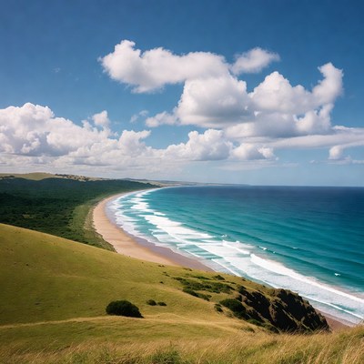 Curved beach from green hilltop