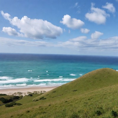 Green hill overlooking turquoise ocean