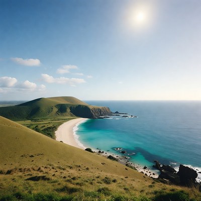 Turquoise Beach with Green Cliffs and Ocean